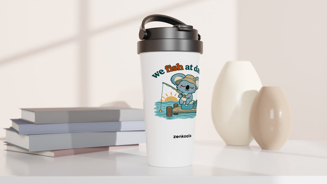 We Fish at Dawn travel mug beside books and vases, Zen Koala Australia