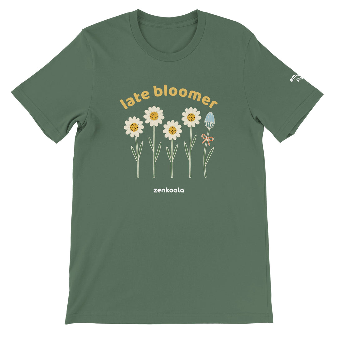 Late Bloomer feel-good tee in military green: four daisies and one bud taking its time, Zen Koala Australia