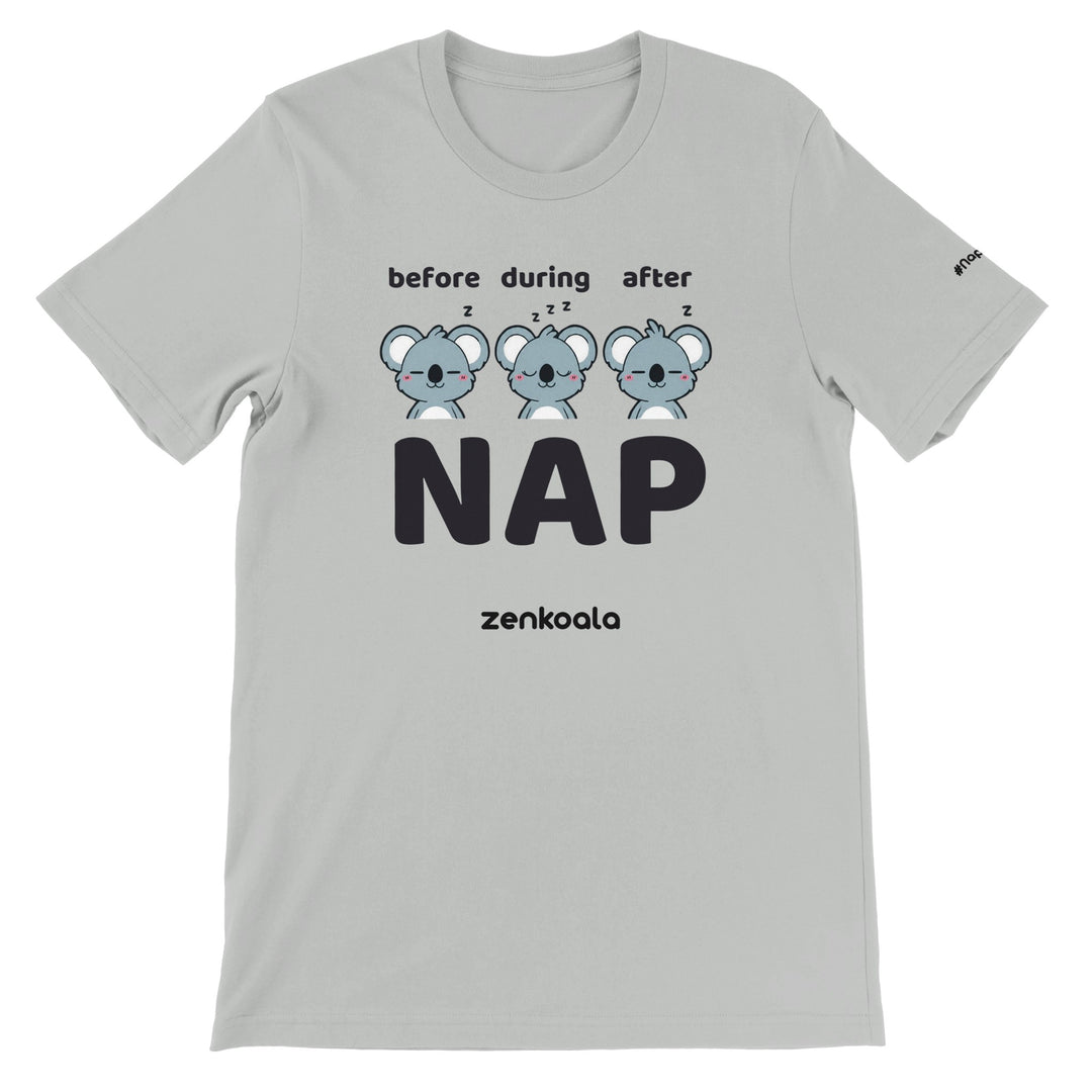 Before Nap Nap After Nap Koala feel-good tee in silver — Zen Koala Australia