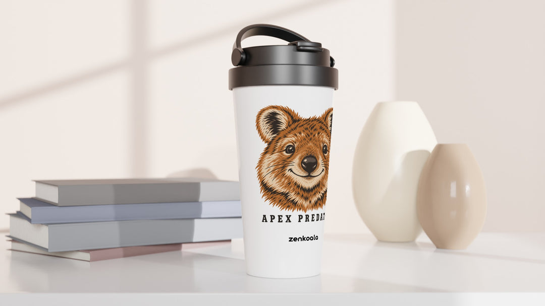 Apex Predator travel mug beside books and vases, Zen Koala Australia
