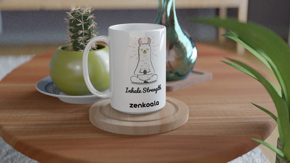 Breathe 15oz mug on a wooden table with a cactus, Zen Koala Australia