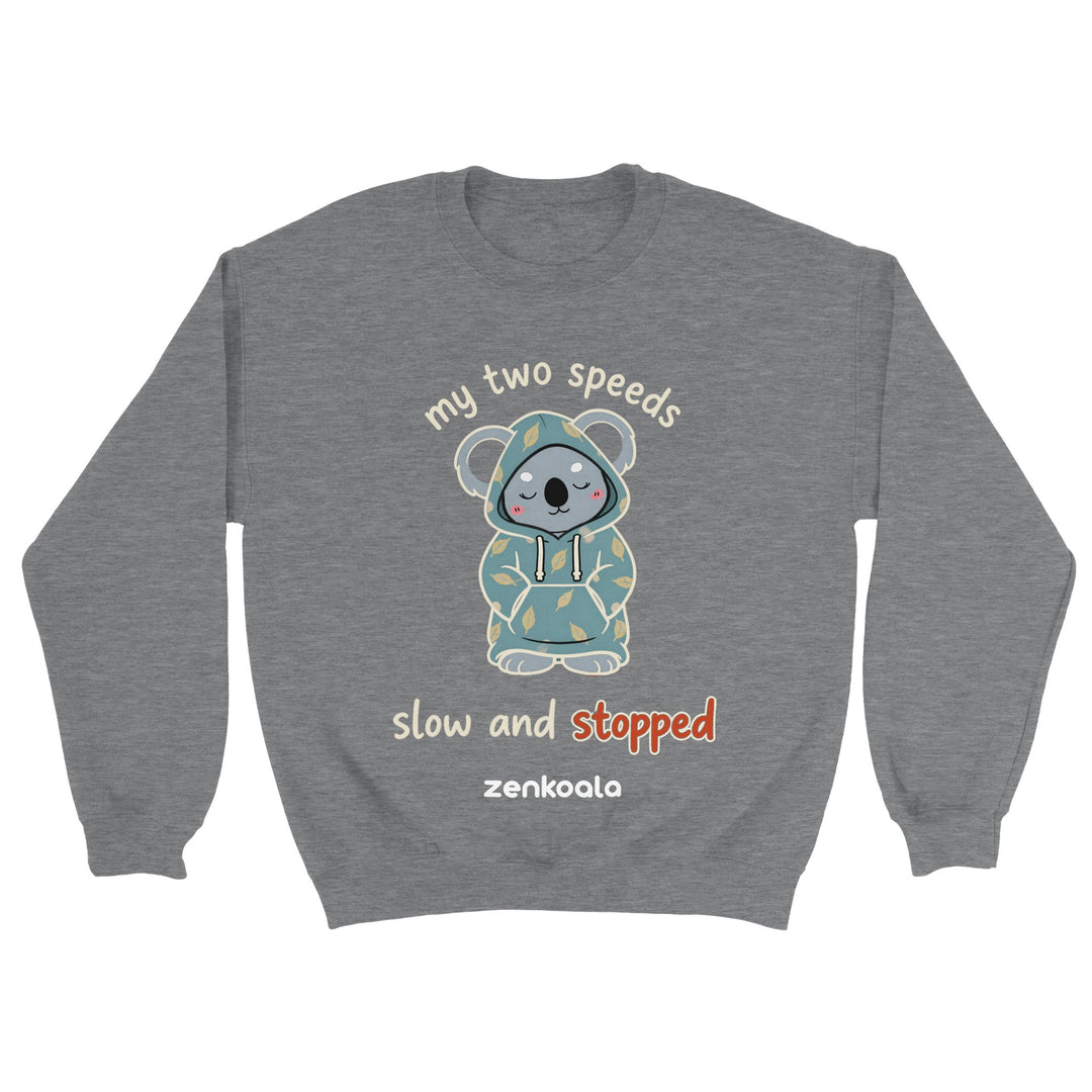 My Two Speeds Slow and Stopped feel-good sweatshirt in sport grey — a sleepy koala in a cosy leaf-print hoodie, Zen Koala Australia