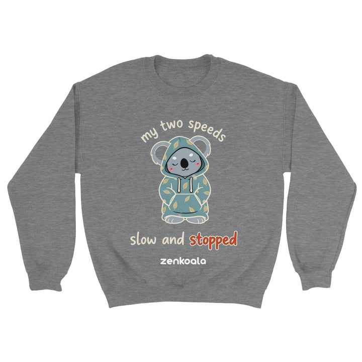 My Two Speeds Slow and Stopped feel-good sweatshirt in sport grey — a sleepy koala in a cosy leaf-print hoodie, Zen Koala Australia
