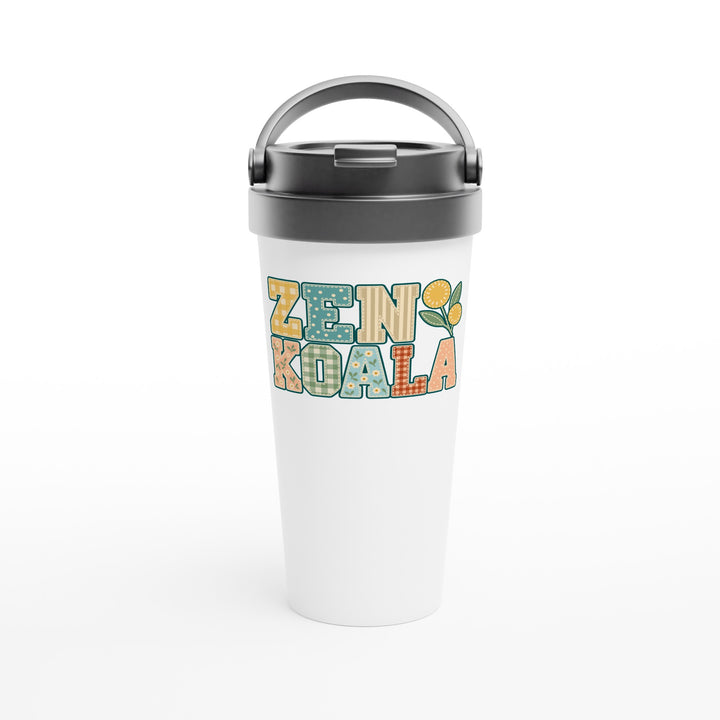 Zen Koala Faux Patchwork feel-good travel mug: the brand name in faux patchwork letters, Zen Koala Australia