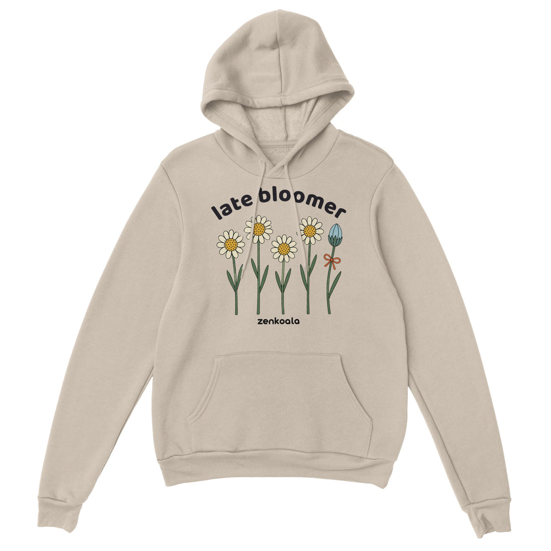Late Bloomer feel-good hoodie in sand, Zen Koala Australia