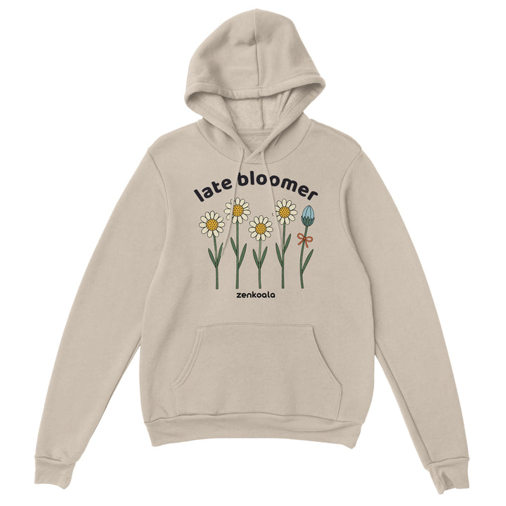 Late Bloomer feel-good hoodie in sand, Zen Koala Australia