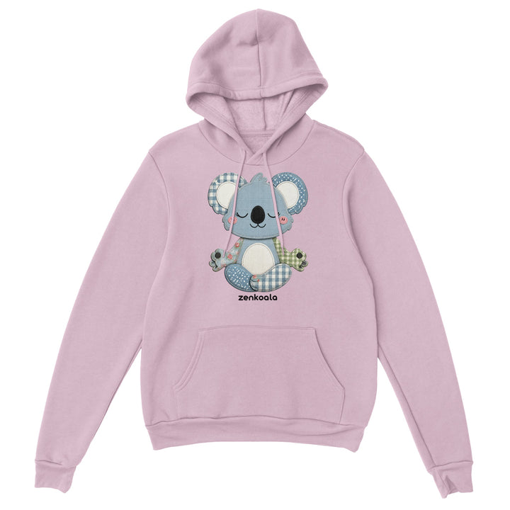 Faux Patchwork Meditating Koala feel-good hoodie in light pink, Zen Koala Australia