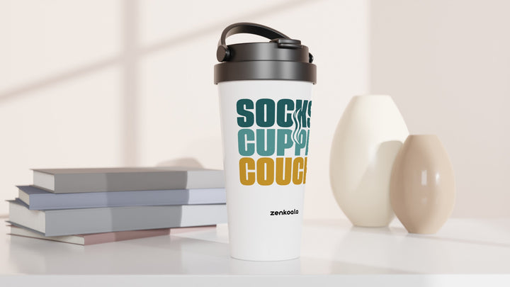 Socks Cuppa Couch travel mug beside books and vases, Zen Koala Australia
