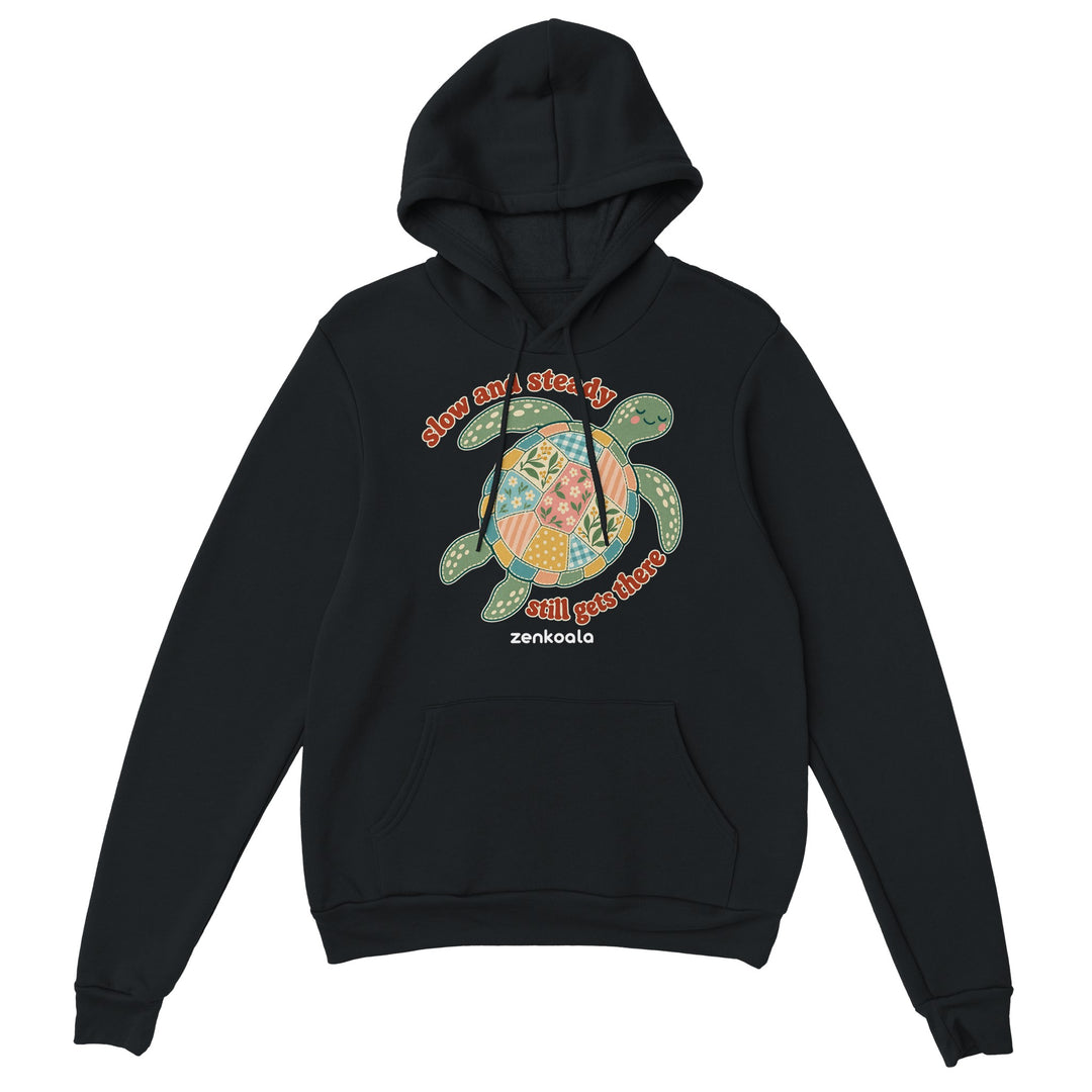 Slow and Steady Turtle feel-good hoodie in black, Zen Koala Australia