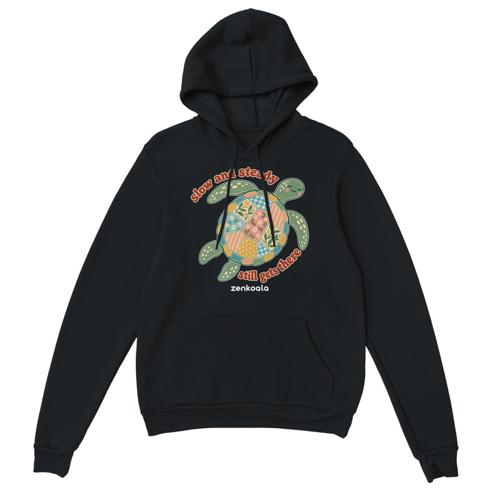 Slow and Steady Turtle feel-good hoodie in black, Zen Koala Australia