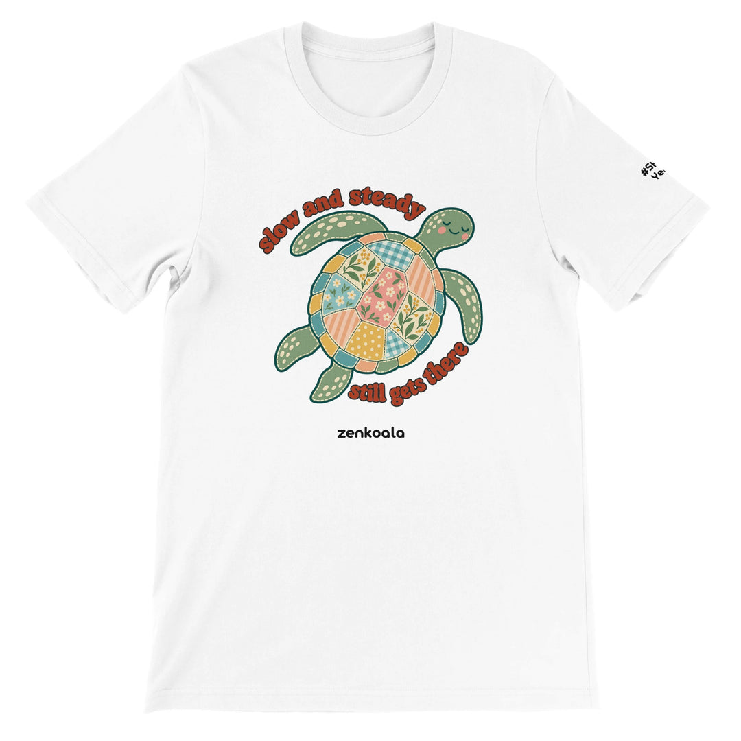 Slow and Steady Turtle feel-good tee in white, Zen Koala Australia