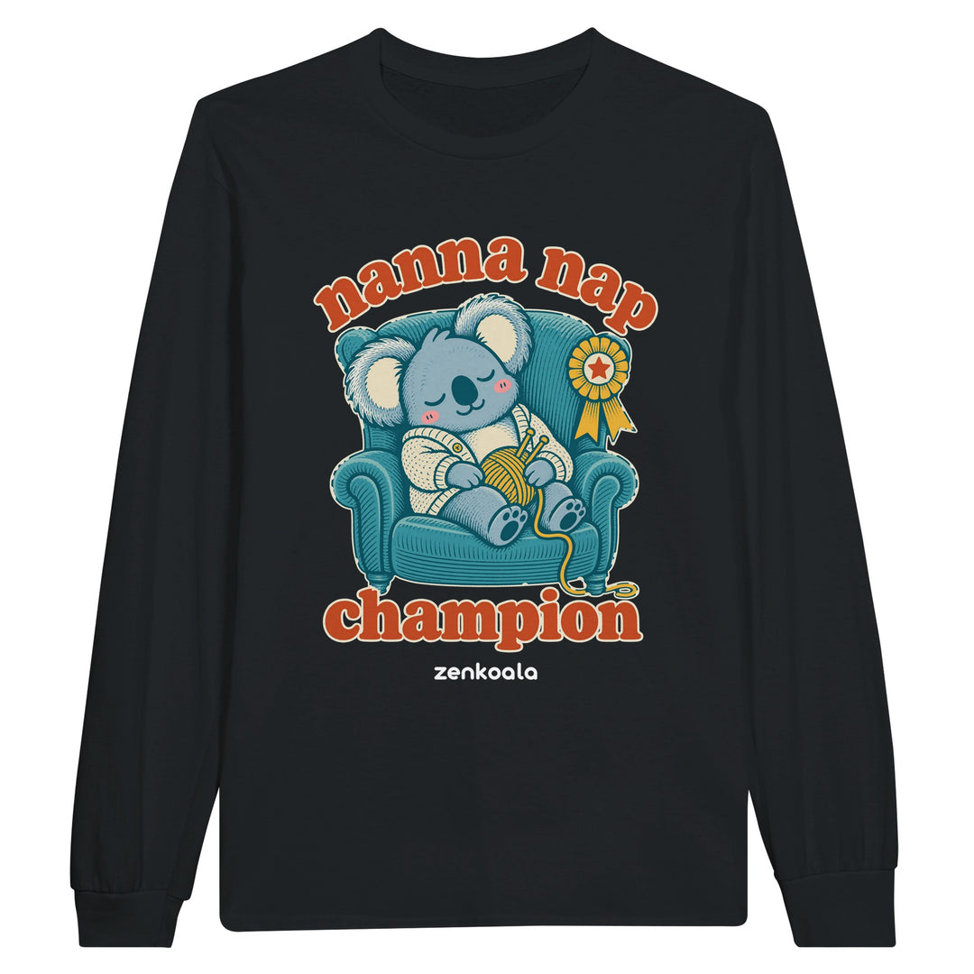 Nanna Nap Champion feel-good long sleeve tee in black, Zen Koala Australia