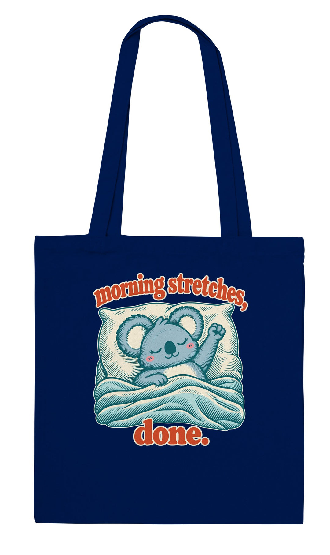 Morning Stretches Done feel-good tote bag in navy, Zen Koala Australia
