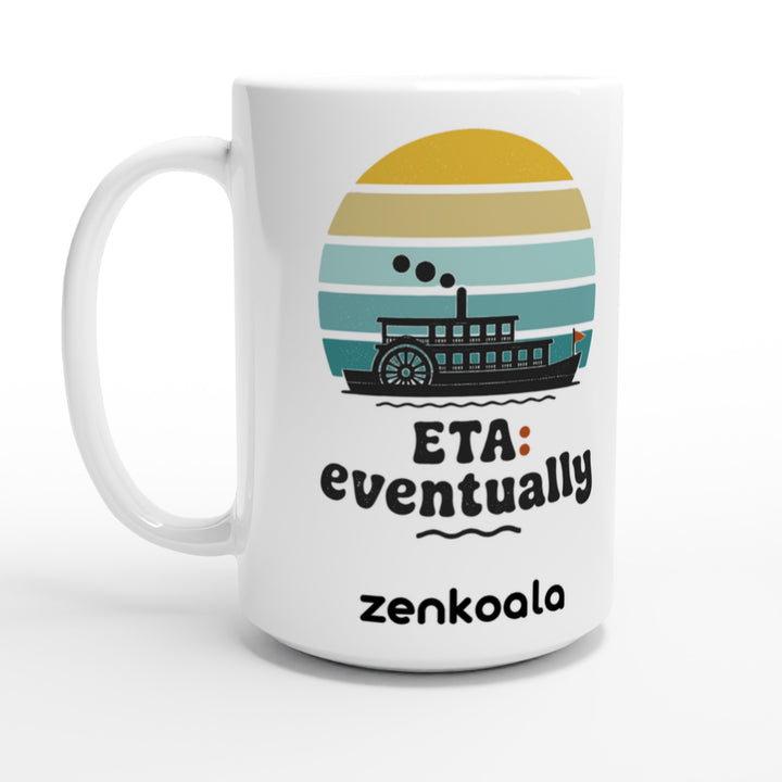 ETA Eventually feel-good 15oz mug: a paddle steamer under a retro sunset, Zen Koala Australia