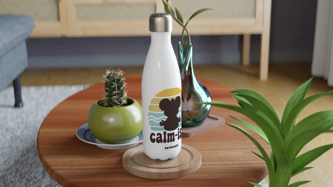 Calm-ish Retro Sunset Koala water bottle on a wooden table with a cactus, Zen Koala Australia