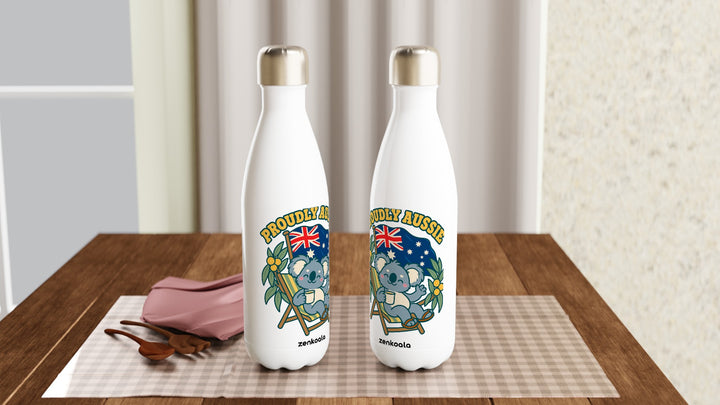 Two Proudly Aussie water bottles on a table, Zen Koala Australia