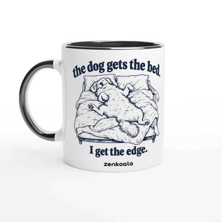The Dog Gets the Bed feel-good mug: a dog sprawled across the whole bed, Zen Koala Australia