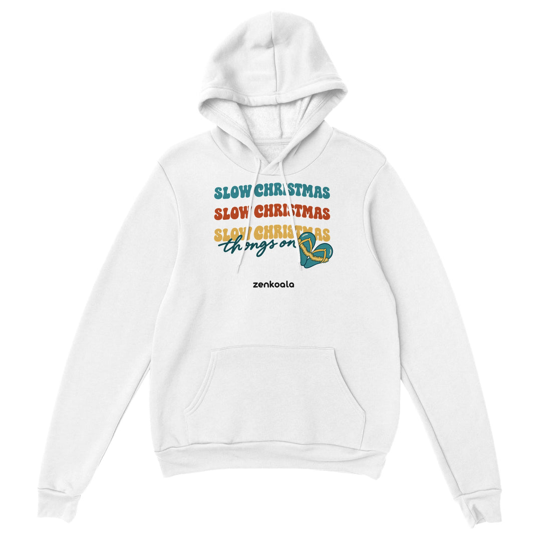 Slow Christmas Thongs On feel-good hoodie in white: retro Christmas lettering with a heart of thongs, Zen Koala Australia