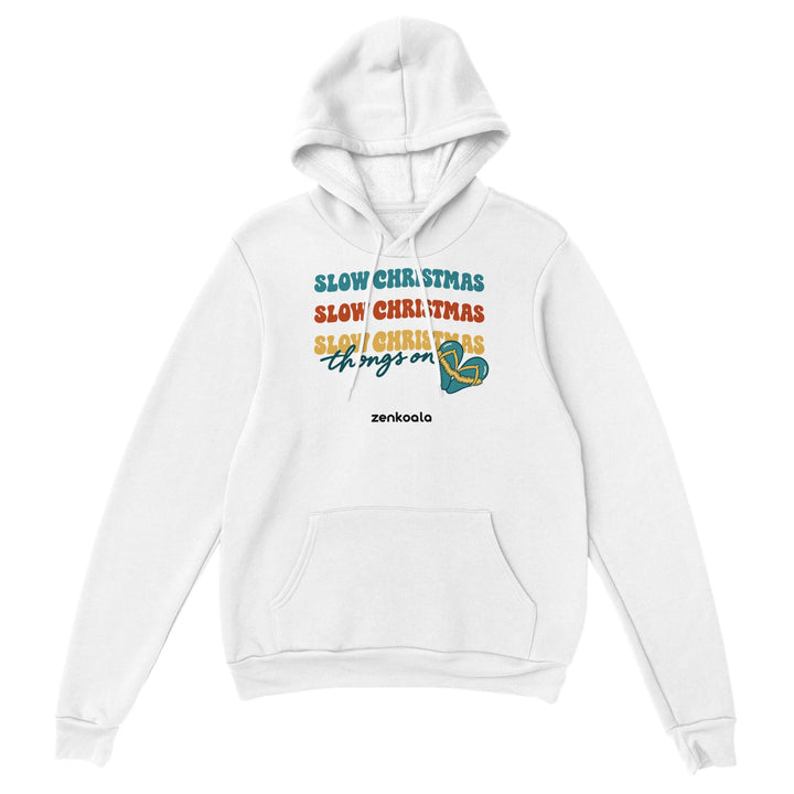 Slow Christmas Thongs On feel-good hoodie in white: retro Christmas lettering with a heart of thongs, Zen Koala Australia