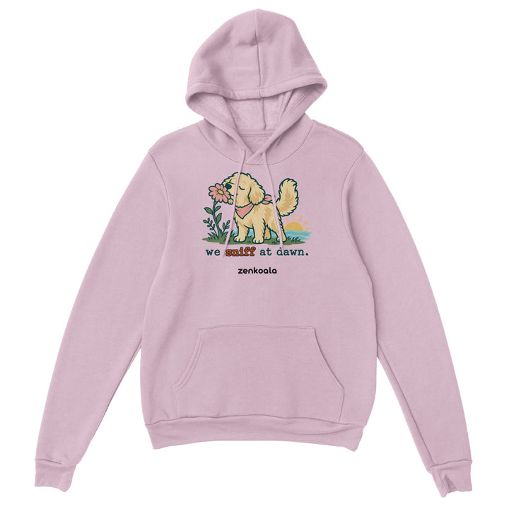 We Sniff at Dawn feel-good hoodie in light pink, Zen Koala Australia