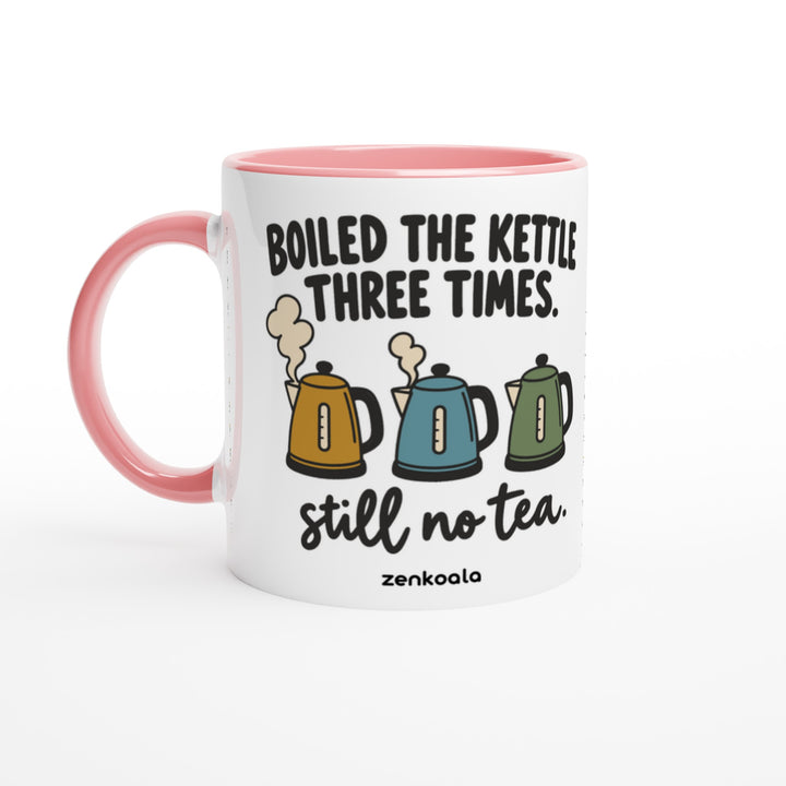 Boiled the Kettle Three Times mug in pink: white with a pink rim, inside and handle, Zen Koala Australia