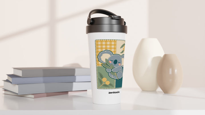 Koala Quilt travel mug beside books and vases, Zen Koala Australia