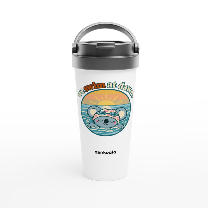 We Swim at Dawn feel-good travel mug: a koala swimming at sunrise, Zen Koala Australia