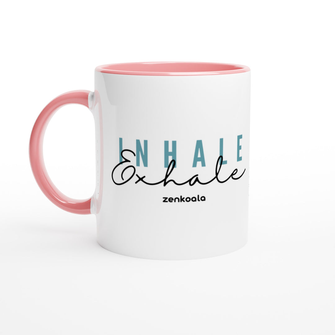 Exhale mug in pink: white with a pink rim, inside and handle, Zen Koala Australia