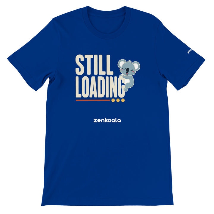 Still Loading feel-good tee in true royal — a sleepy yawning koala hanging off bold retro letters, Zen Koala Australia