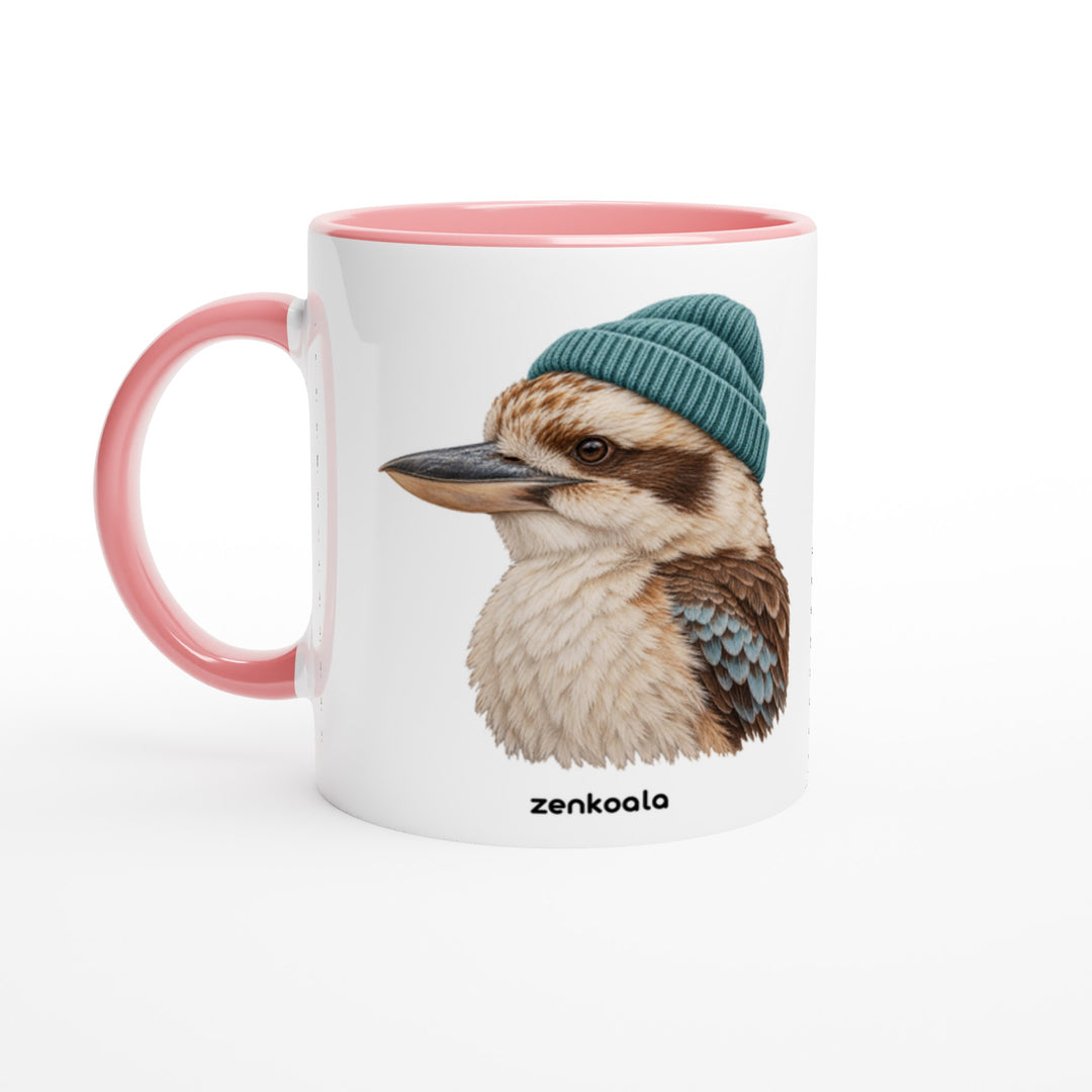 Kookaburra Beanie mug in pink: white with a pink rim, inside and handle, Zen Koala Australia