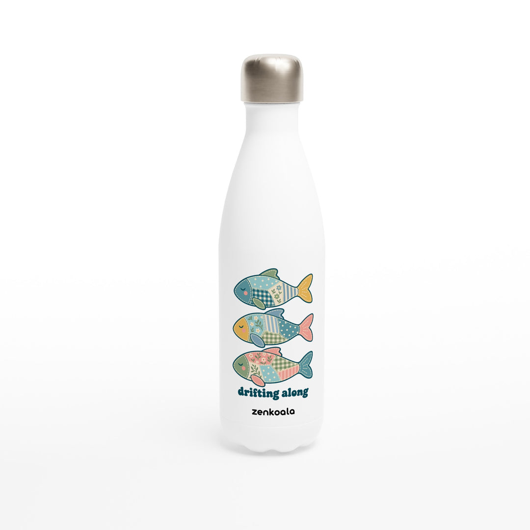Drifting Along Fish feel-good water bottle: three faux patchwork fish drifting in a line, Zen Koala Australia