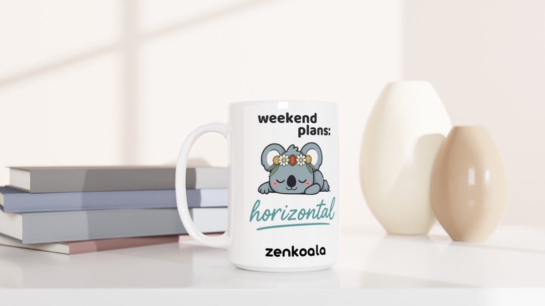 Weekend Plans Horizontal Koala 15oz mug beside books and vases, Zen Koala Australia