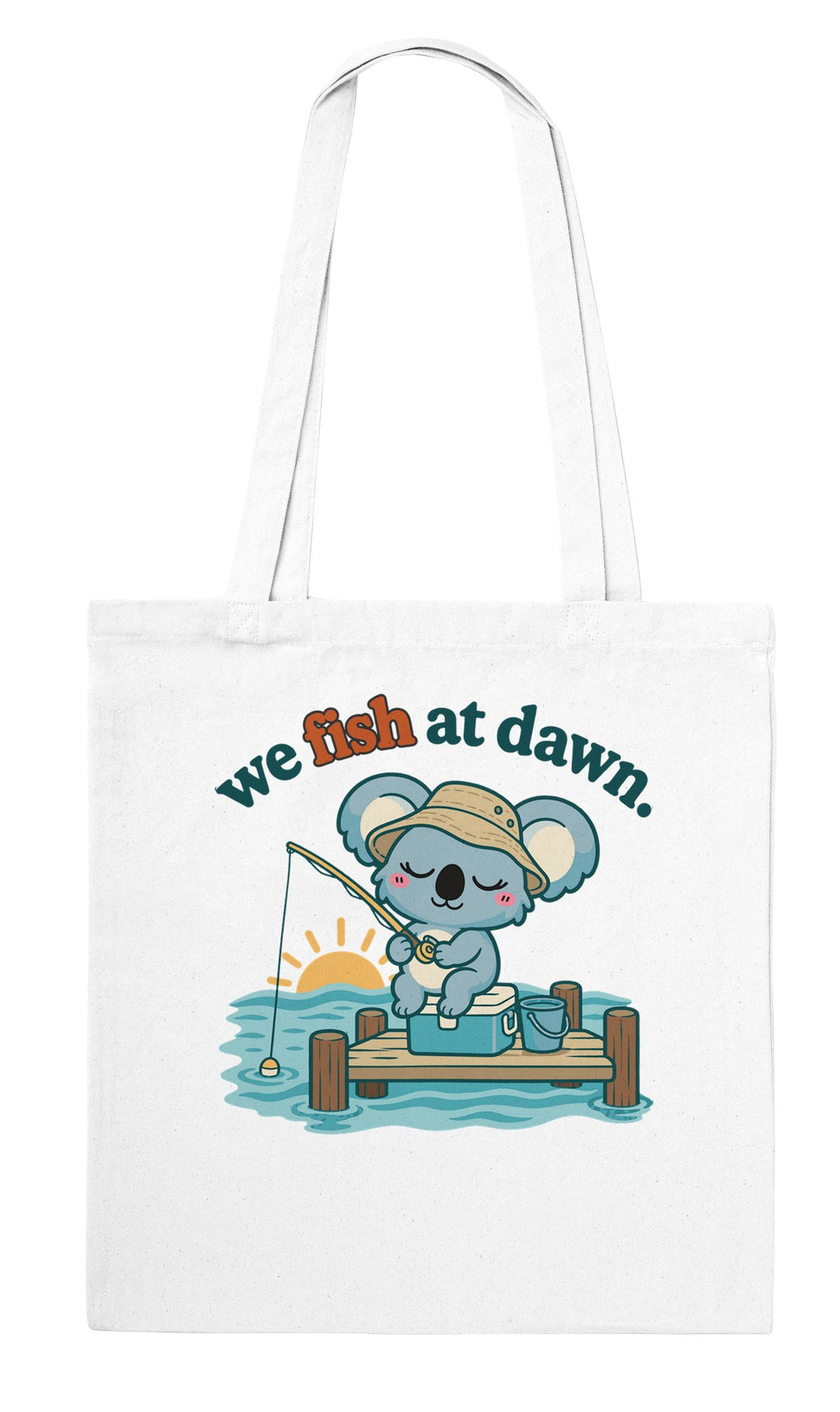 We Fish at Dawn feel-good tote bag in white, Zen Koala Australia
