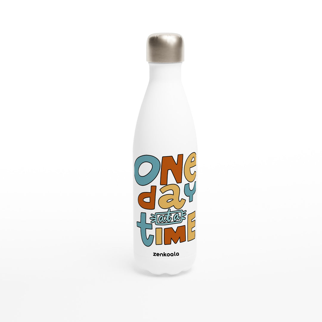 One Day at a Time feel-good water bottle: bright retro letters, one day at a time, Zen Koala Australia