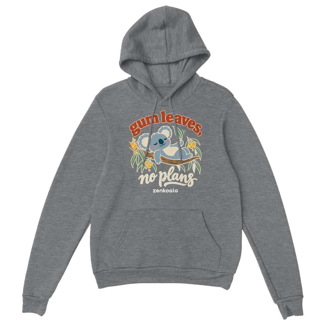 Gum Leaves No Plans feel-good hoodie in sport grey, Zen Koala Australia