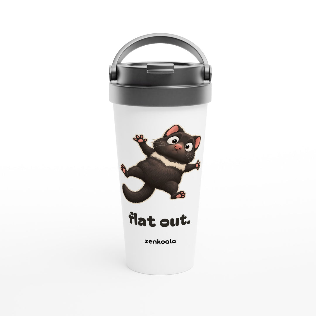 Flat Out feel-good travel mug: a Tasmanian devil sprawled flat, Zen Koala Australia