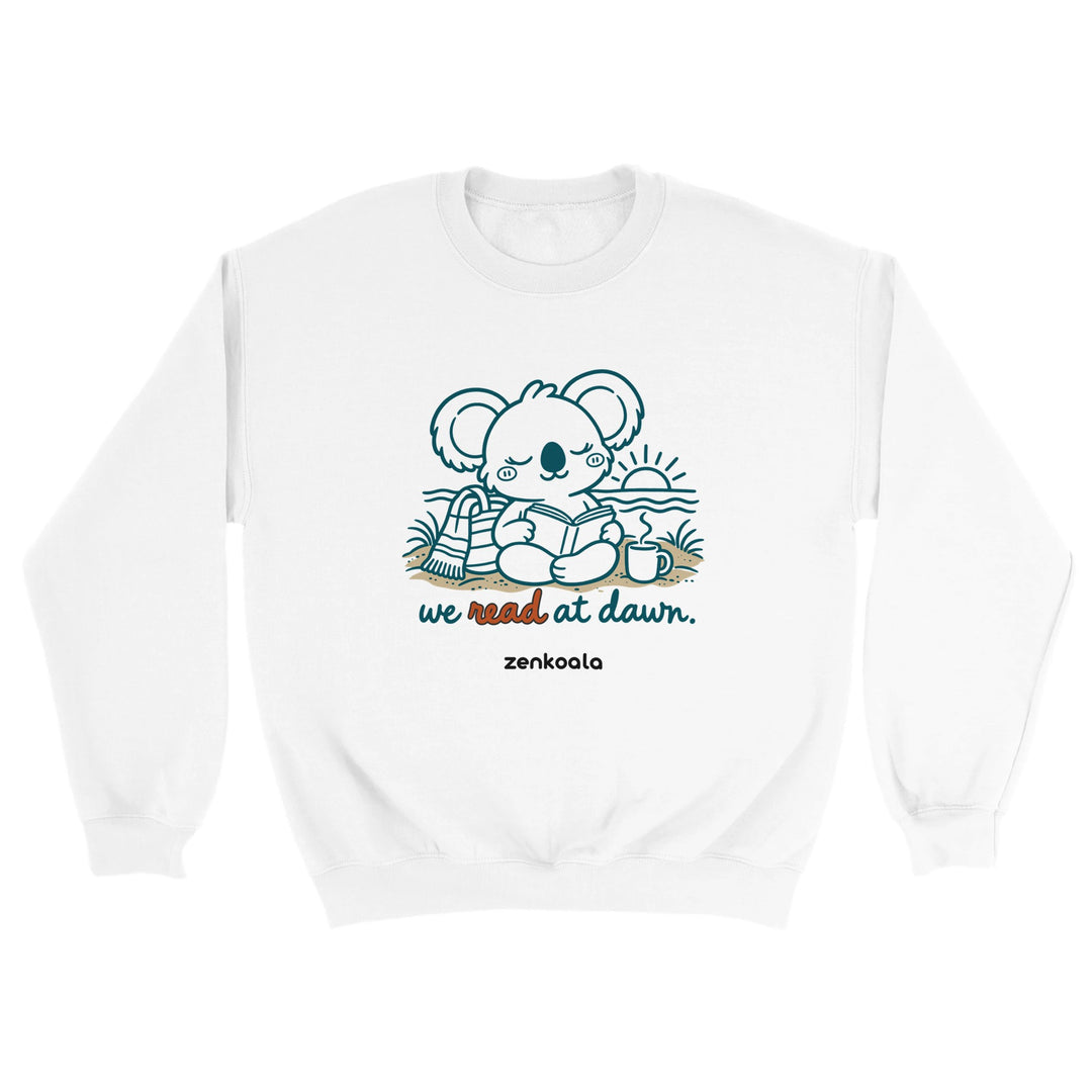 We Read at Dawn feel-good sweatshirt in white, Zen Koala Australia