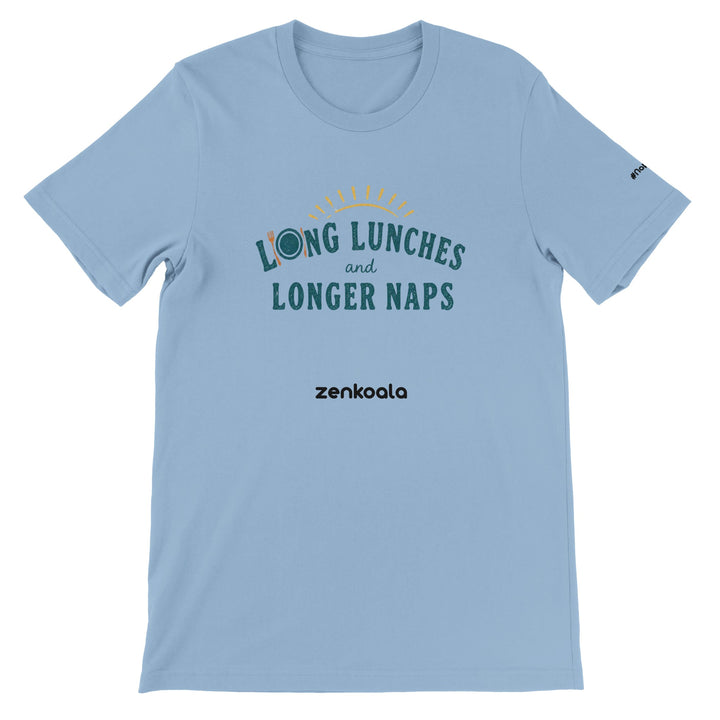 Long Lunches and Longer Naps feel-good tee in light blue — Zen Koala Australia