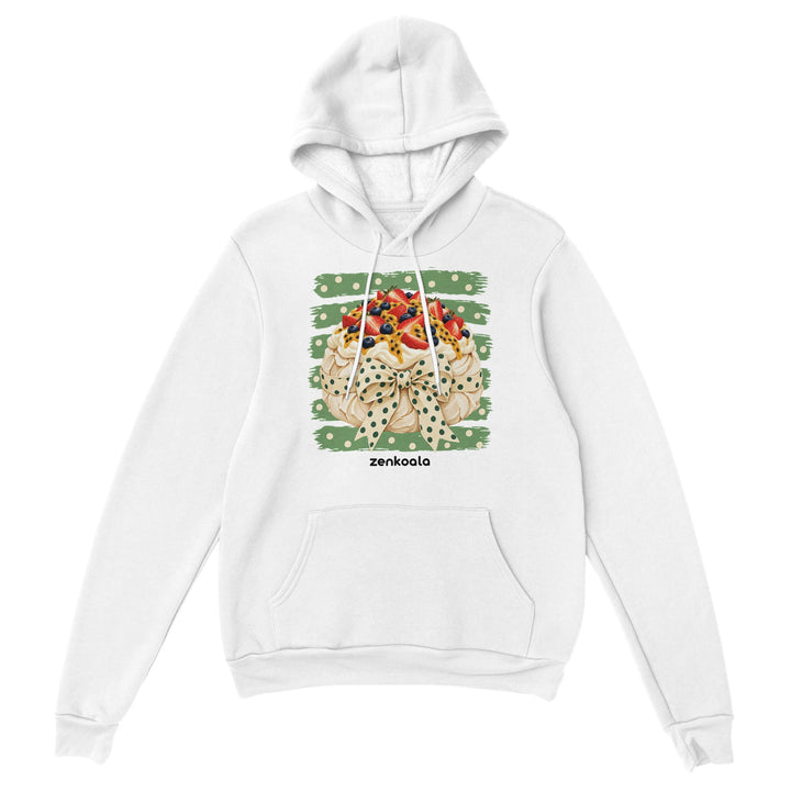 Pavlova feel-good hoodie in white: a pavlova with a bow, Zen Koala Australia