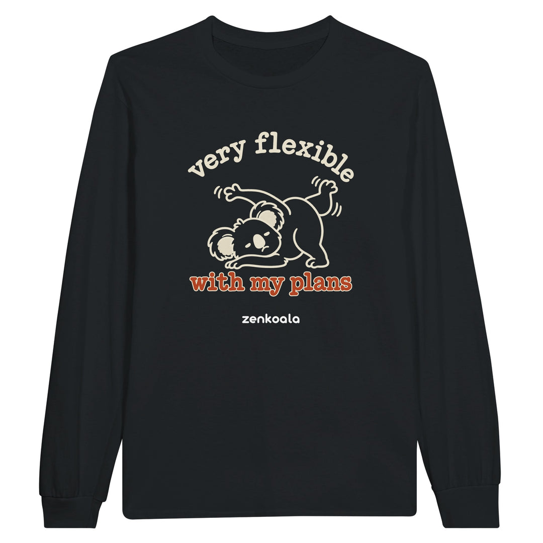 Very Flexible With My Plans feel-good long sleeve tee in black, Zen Koala Australia