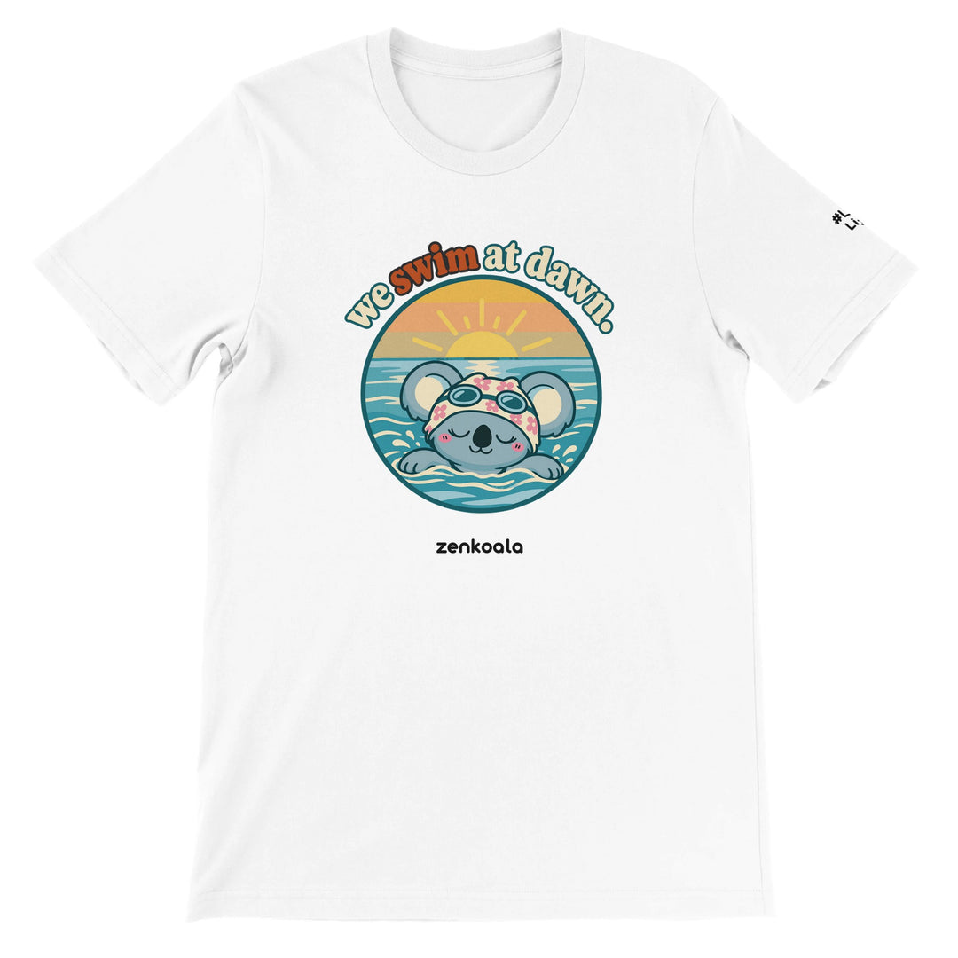 We Swim at Dawn feel-good tee in white, Zen Koala Australia