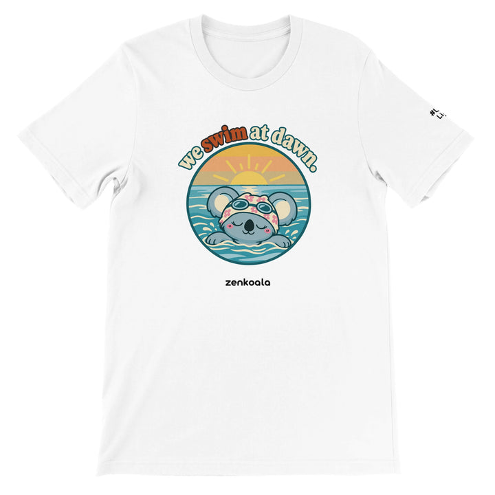 We Swim at Dawn feel-good tee in white, Zen Koala Australia