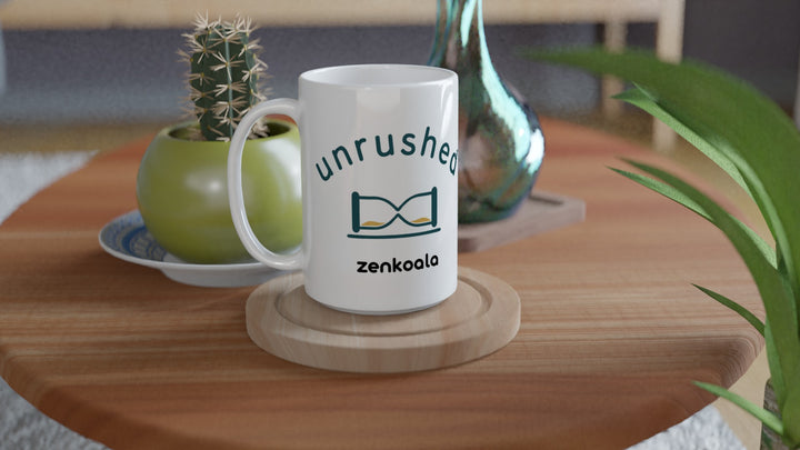Unrushed 15oz mug on a wooden table with a cactus, Zen Koala Australia
