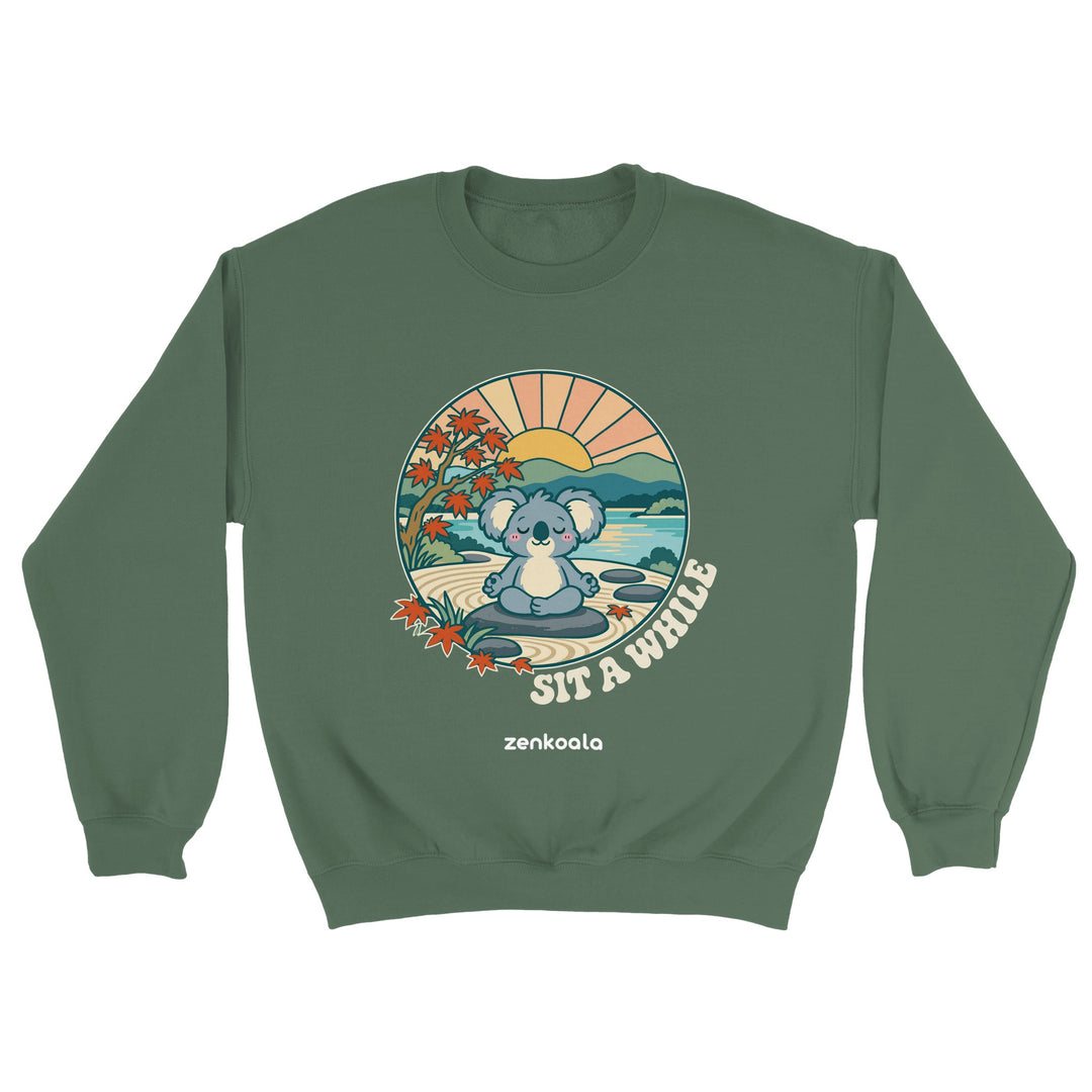Sit a While feel-good sweatshirt in military green, Zen Koala Australia