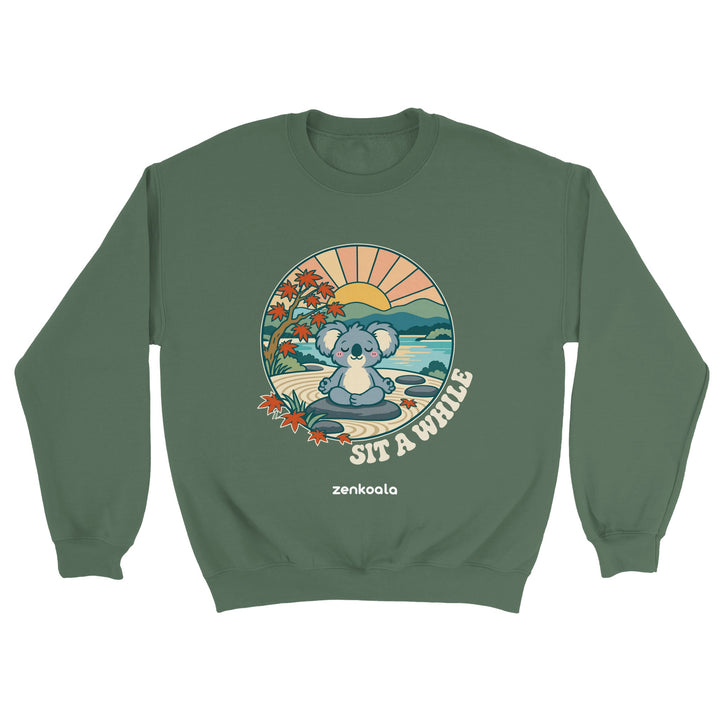Sit a While feel-good sweatshirt in military green, Zen Koala Australia