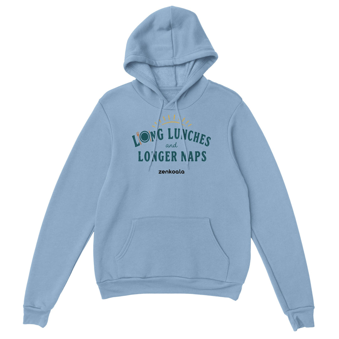 Long Lunches and Longer Naps feel-good hoodie in light blue: retro lettering for a slow Aussie afternoon, Zen Koala Australia
