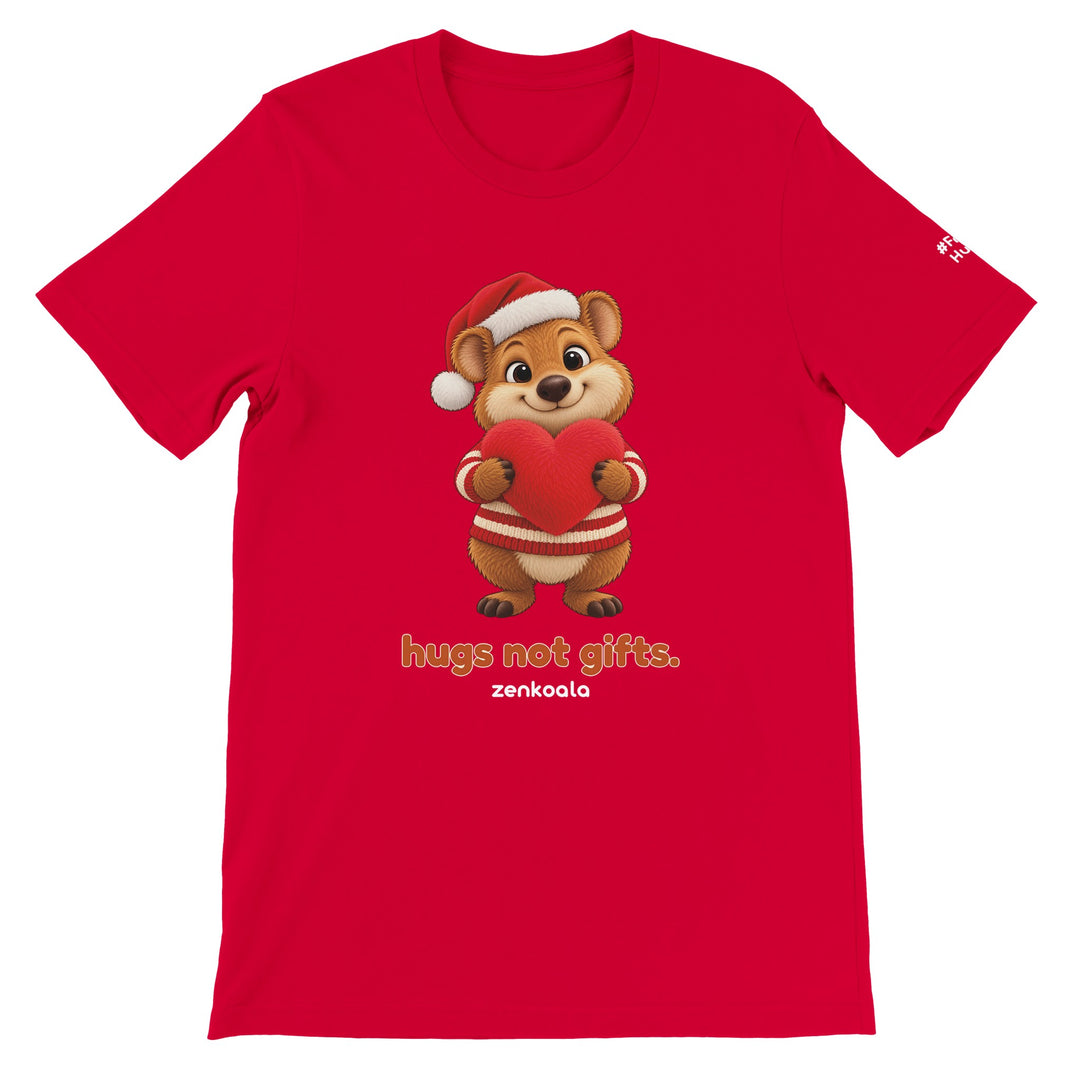 Hugs Not Gifts feel-good tee in red, Zen Koala Australia