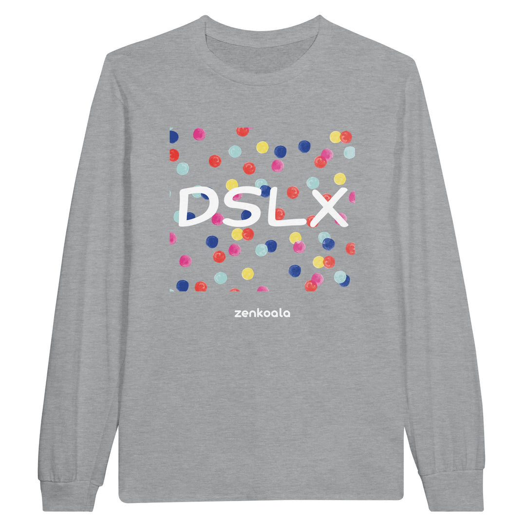 Dyslexia is my SuperPower feel-good long sleeve tee in sports grey: DSLX with confetti dots in every colour, Zen Koala Australia