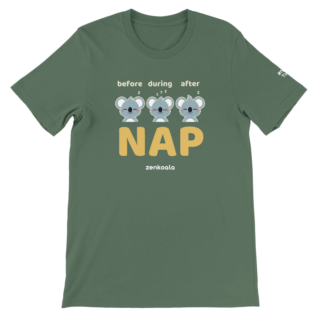 Before Nap Nap After Nap Koala feel-good tee in military green, Zen Koala Australia