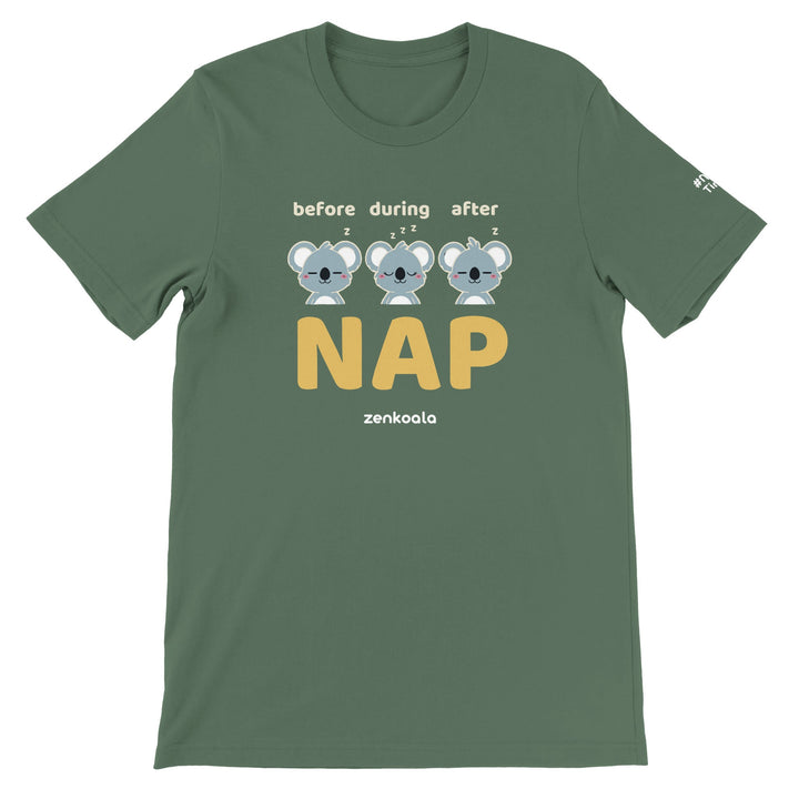 Before Nap Nap After Nap Koala feel-good tee in military green, Zen Koala Australia